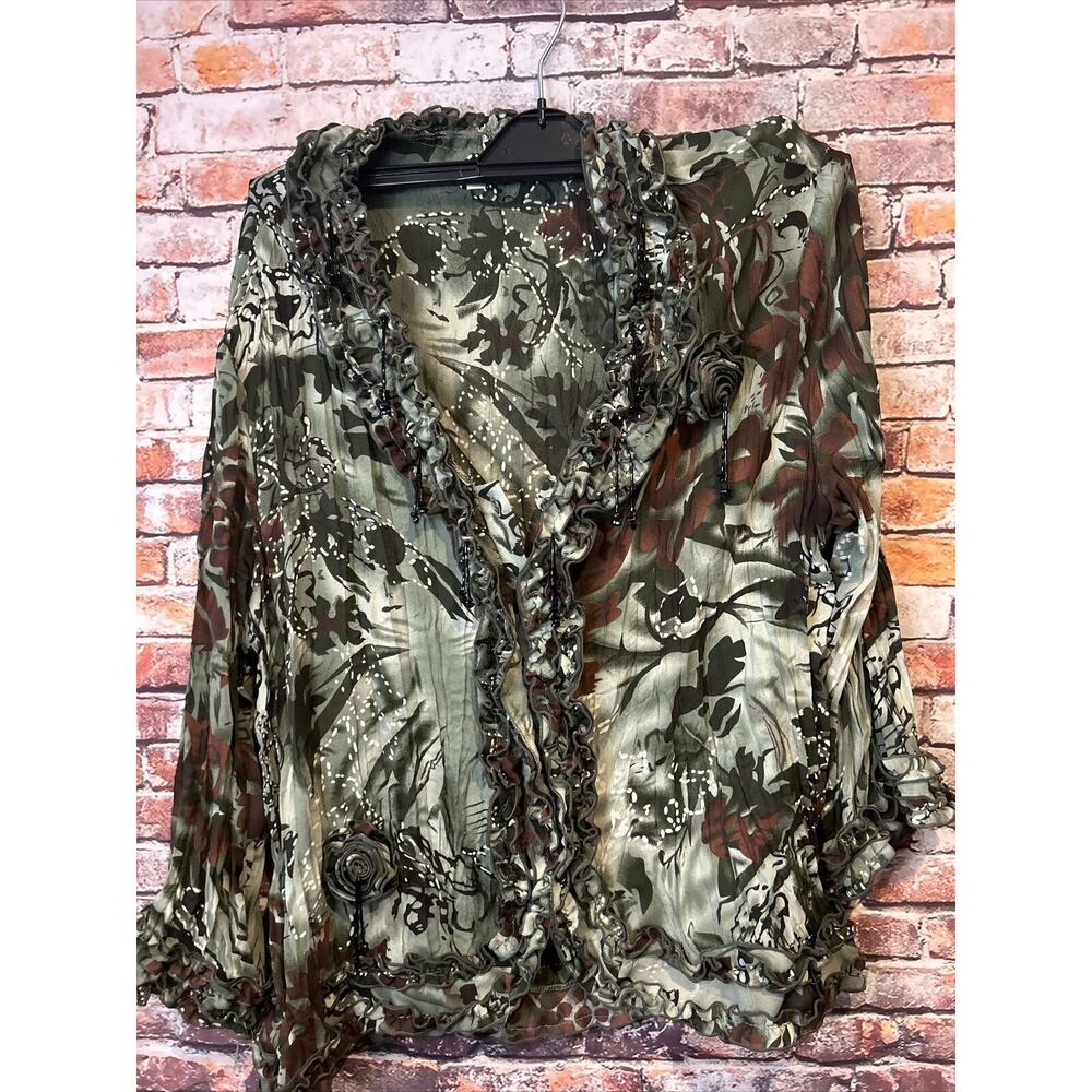 Green Agora Button Up Blouse Embellished Beaded Top Semi Sheer Womens Size Large
